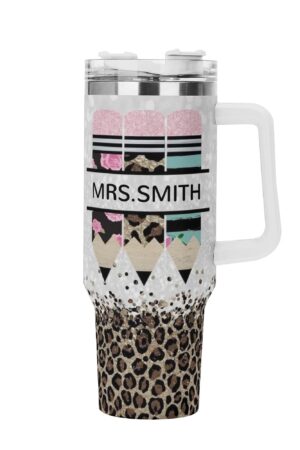 Personalized 40oz Stainless Steel Tumbler Gift With White Handle and Straw
