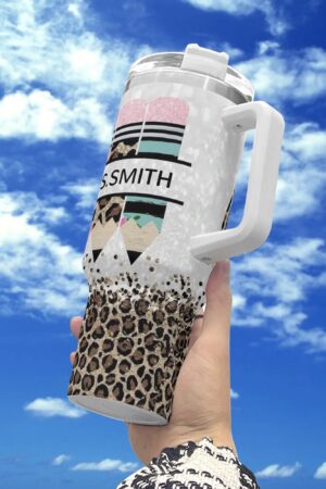 Personalized 40oz Stainless Steel Tumbler Gift With White Handle and Straw