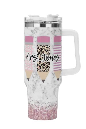 Personalized 40oz Stainless Steel Tumbler Gift With White Handle and Straw