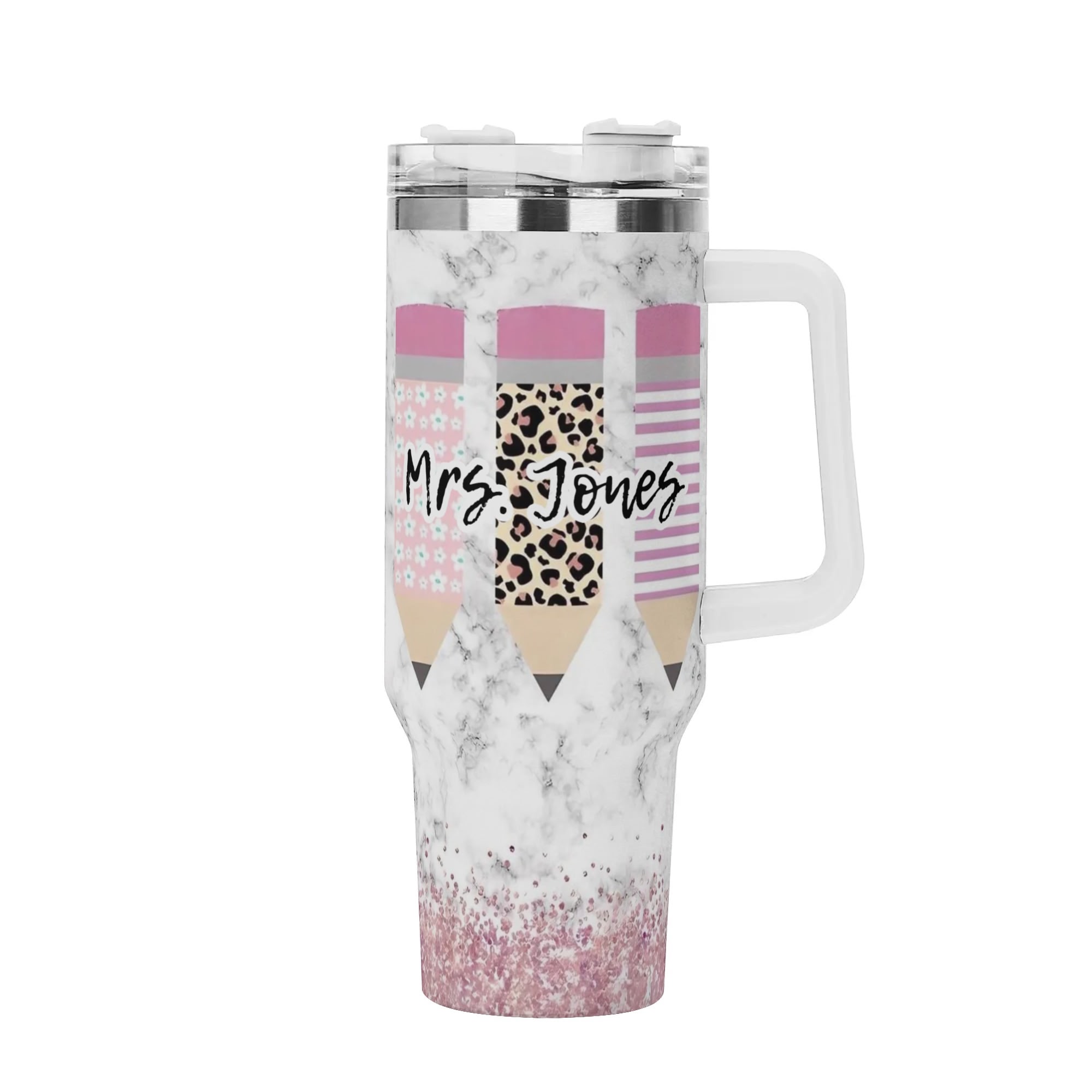 Personalized 40oz Stainless Steel Tumbler Gift With White Handle and Straw - Image 2