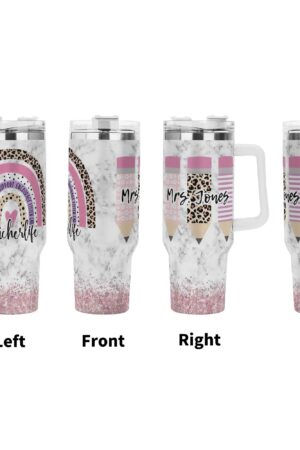 Personalized 40oz Stainless Steel Tumbler Gift With White Handle and Straw