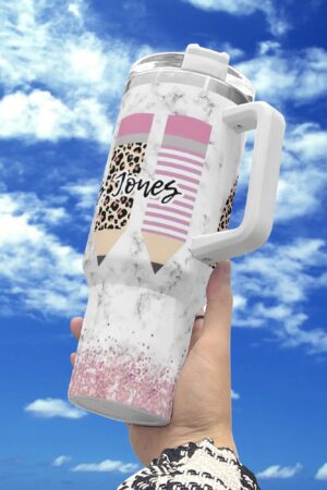 Personalized 40oz Stainless Steel Tumbler Gift With White Handle and Straw