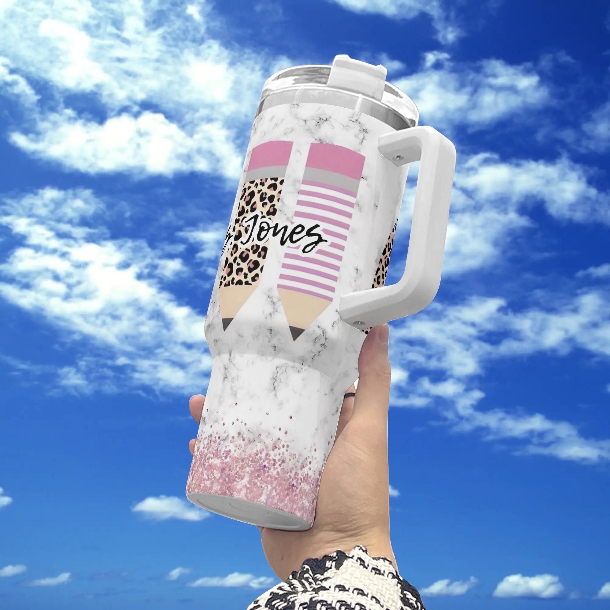 Personalized 40oz Stainless Steel Tumbler Gift With White Handle and Straw - Image 6