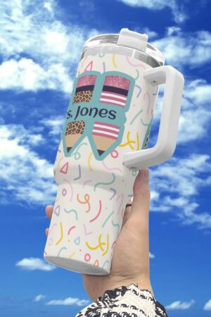 Personalized 40oz Stainless Steel Tumbler Gift With White Handle and Straw