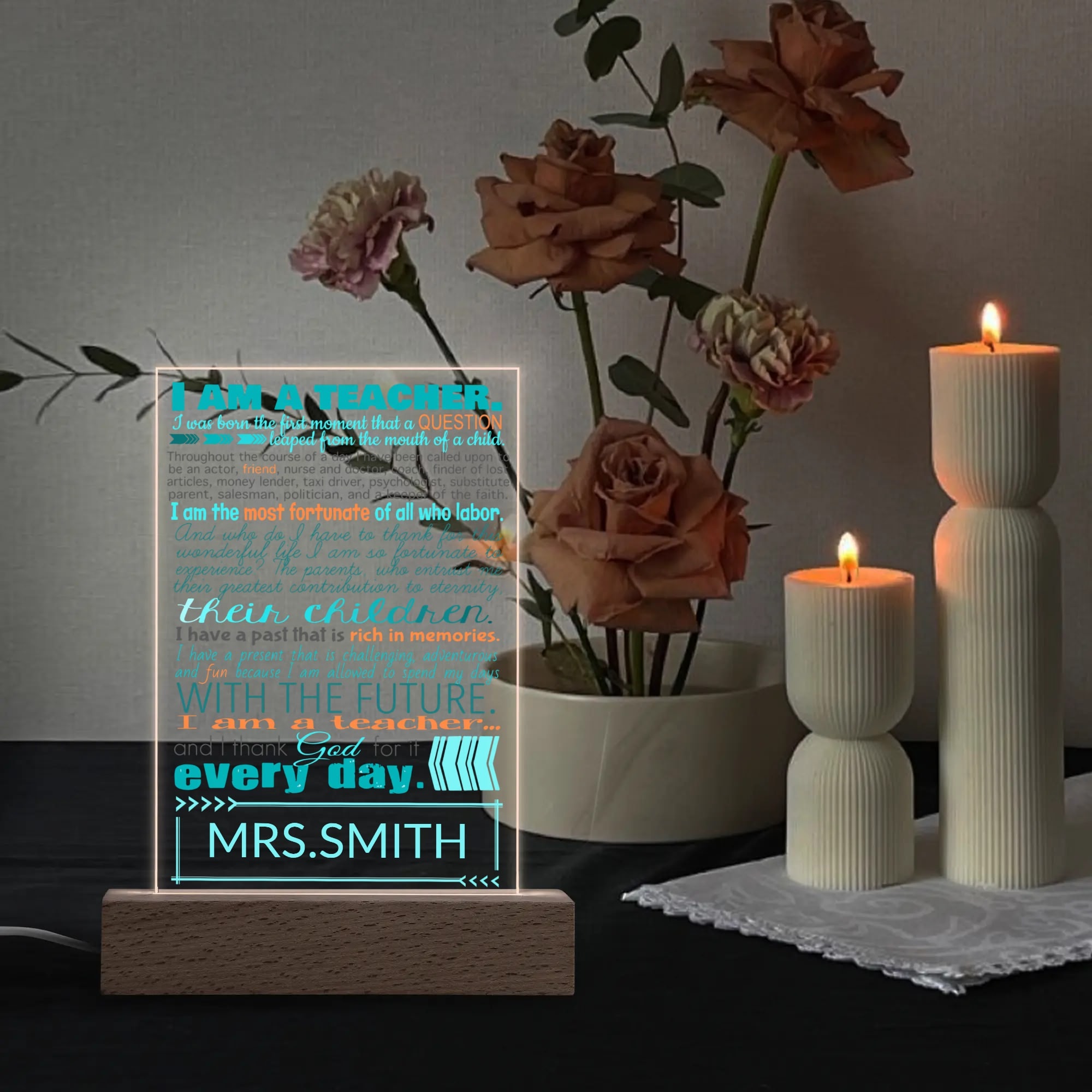 Personalized LED Rectangle Acrylic Night Light and Wooden Base Table Decor - Image 2