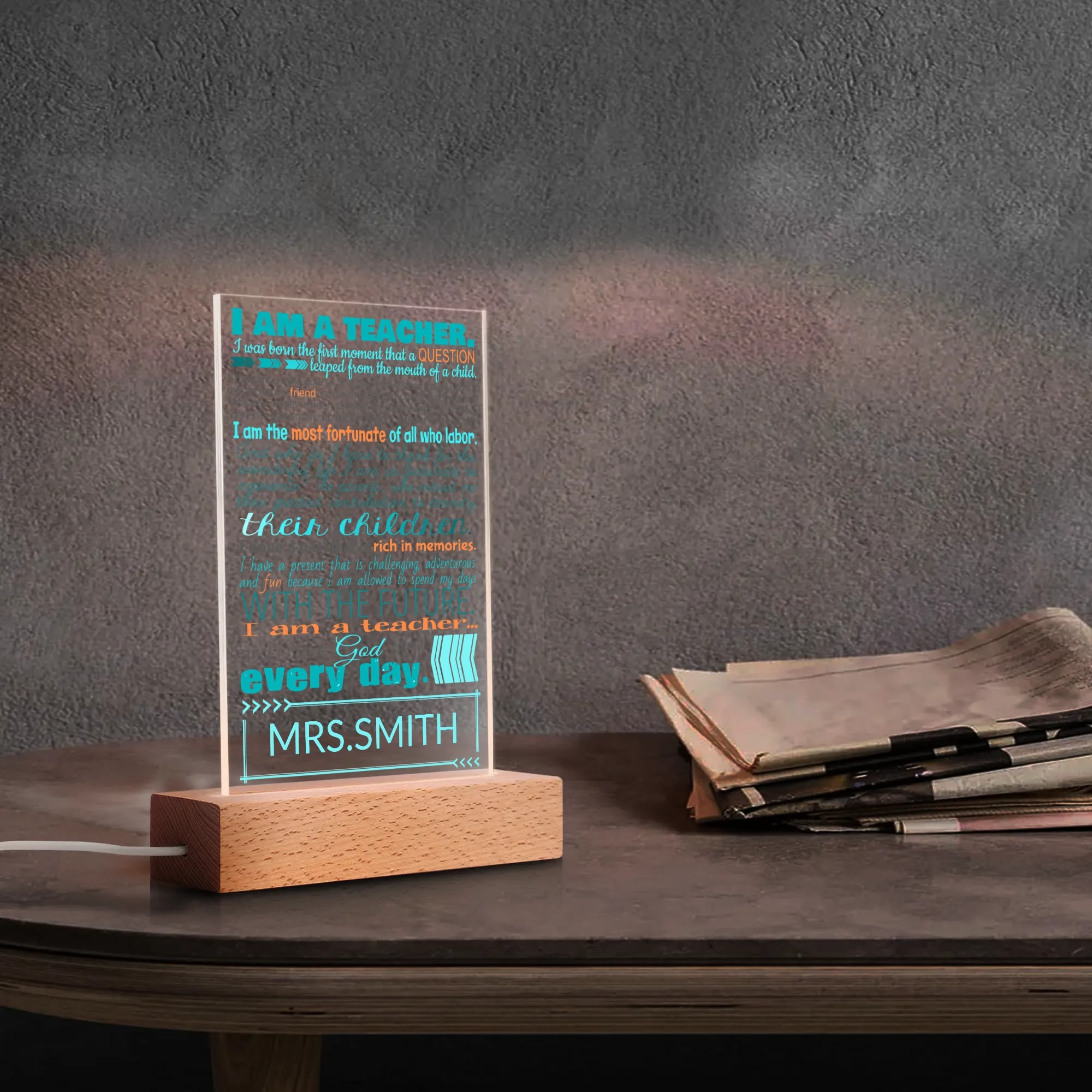 Personalized LED Rectangle Acrylic Night Light and Wooden Base Table Decor - Image 3