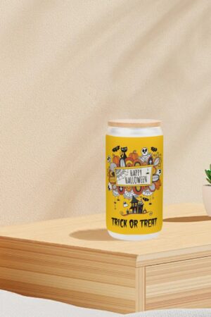 Frosted 16oz Glass Cups with Bamboo Lid Beer Can Tumbler