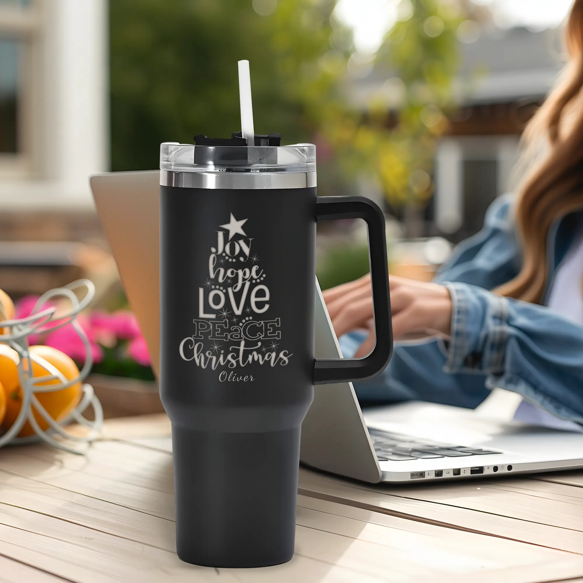 Engraved 40oz Stainless Steel Tumbler Travel Mug with Handle and Straw for Cup Holder - Image 5