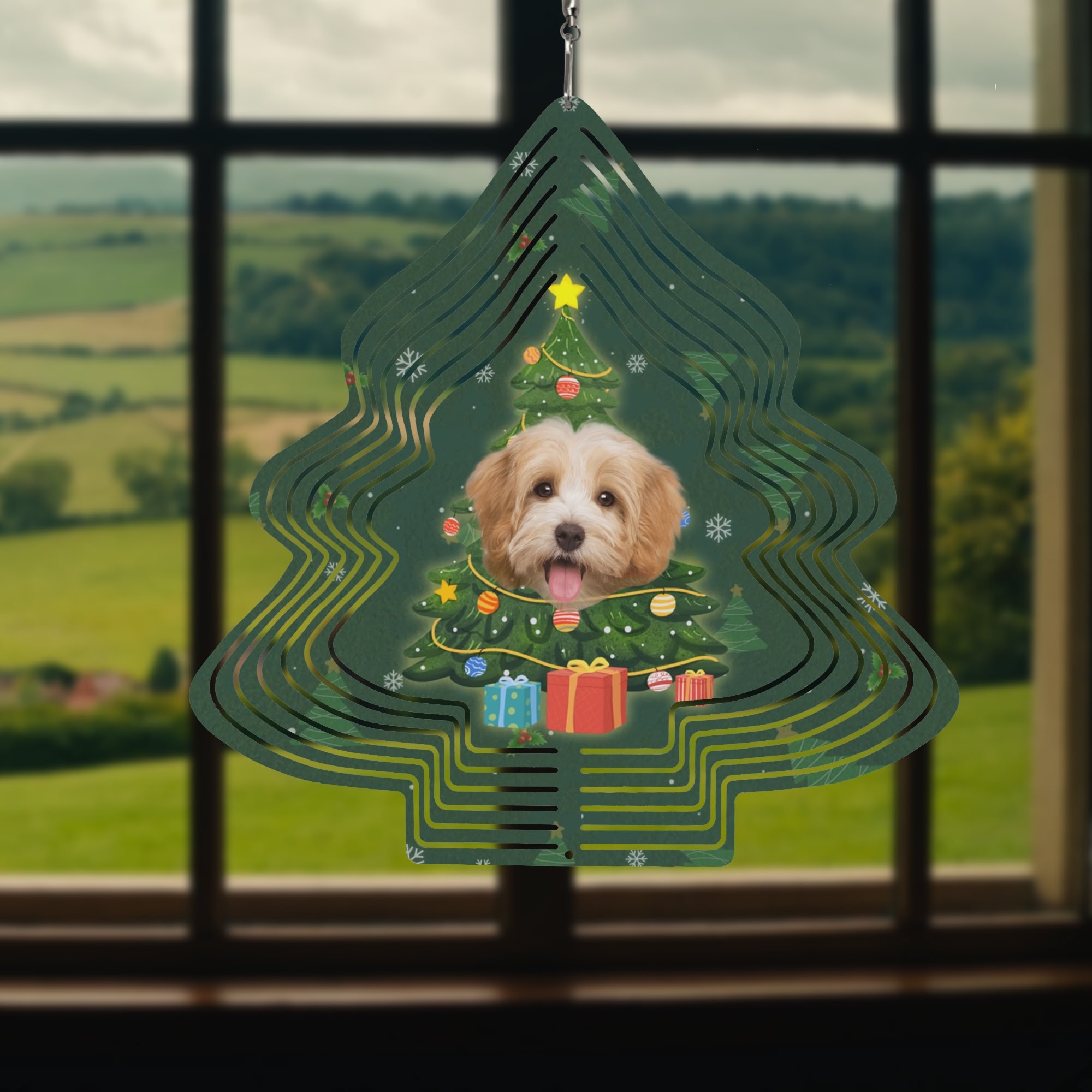 Christmas Tree Shape Hanging Wind Spinner for Garden Decor Yard Art - Image 3