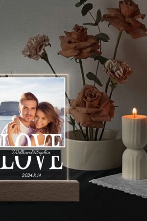 Personalized LED Rectangle Acrylic Night Light and Wooden Base Table Decor