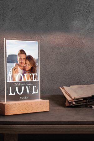 Personalized LED Rectangle Acrylic Night Light and Wooden Base Table Decor