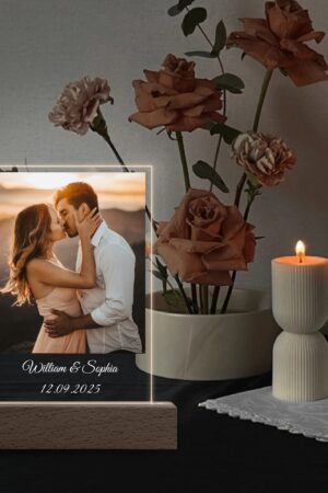 Personalized LED Rectangle Acrylic Night Light and Wooden Base Table Decor