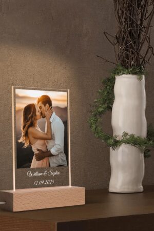 Personalized LED Rectangle Acrylic Night Light and Wooden Base Table Decor