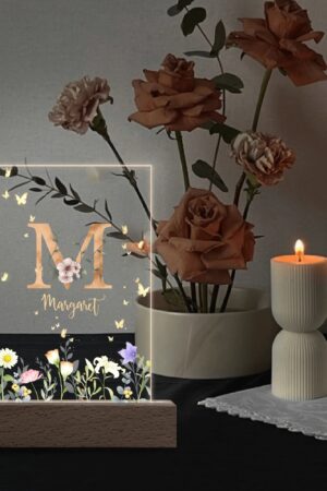 Personalized LED Rectangle Acrylic Night Light and Wooden Base Table Decor