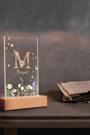 Personalized LED Rectangle Acrylic Night Light and Wooden Base Table Decor