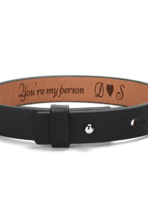 Engraved Black Leather Bracelet for Men Jewelry