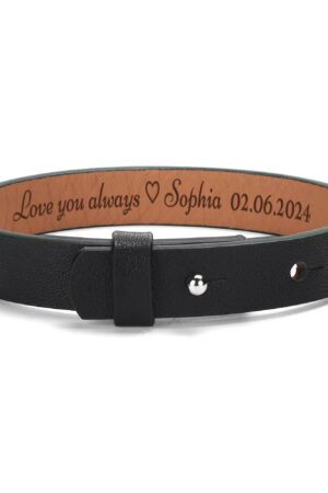 Engraved Black Leather Bracelet for Men Jewelry