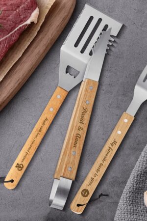 Personalized Stainless Steel Grilling Tool Set with Engraved Wood Handle