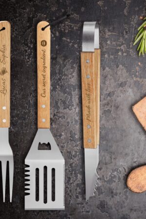 Personalized Stainless Steel Grilling Tool Set with Engraved Wood Handle