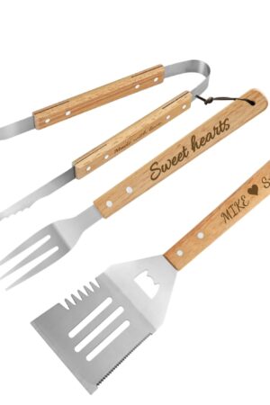 Personalized Stainless Steel Grilling Tool Set with Engraved Wood Handle