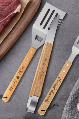 Personalized Stainless Steel Grilling Tool Set with Engraved Wood Handle