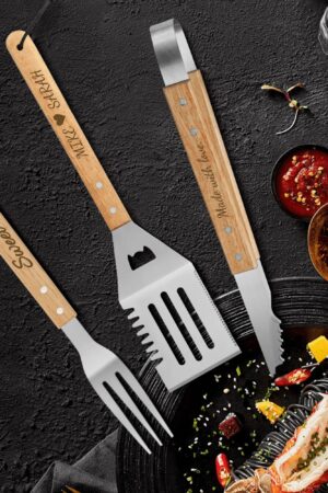 Personalized Stainless Steel Grilling Tool Set with Engraved Wood Handle