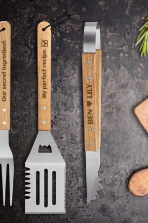Personalized Stainless Steel Grilling Tool Set with Engraved Wood Handle