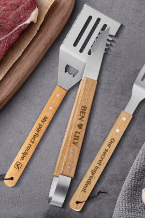 Personalized Stainless Steel Grilling Tool Set with Engraved Wood Handle