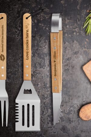 Personalized Stainless Steel Grilling Tool Set with Engraved Wood Handle