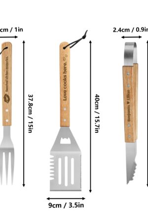 Personalized Stainless Steel Grilling Tool Set with Engraved Wood Handle