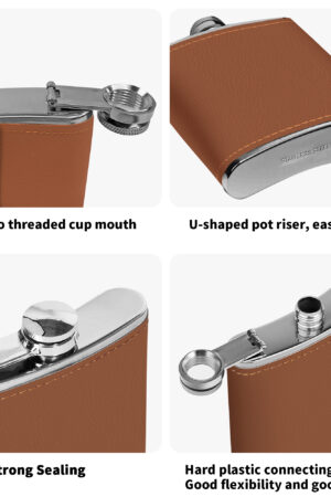 Custom Brown Leather Flask Wrapped Stainless Steel 6oz