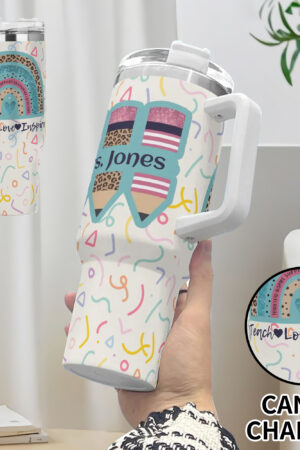 Personalized 40oz Stainless Steel Tumbler Gift With White Handle and Straw