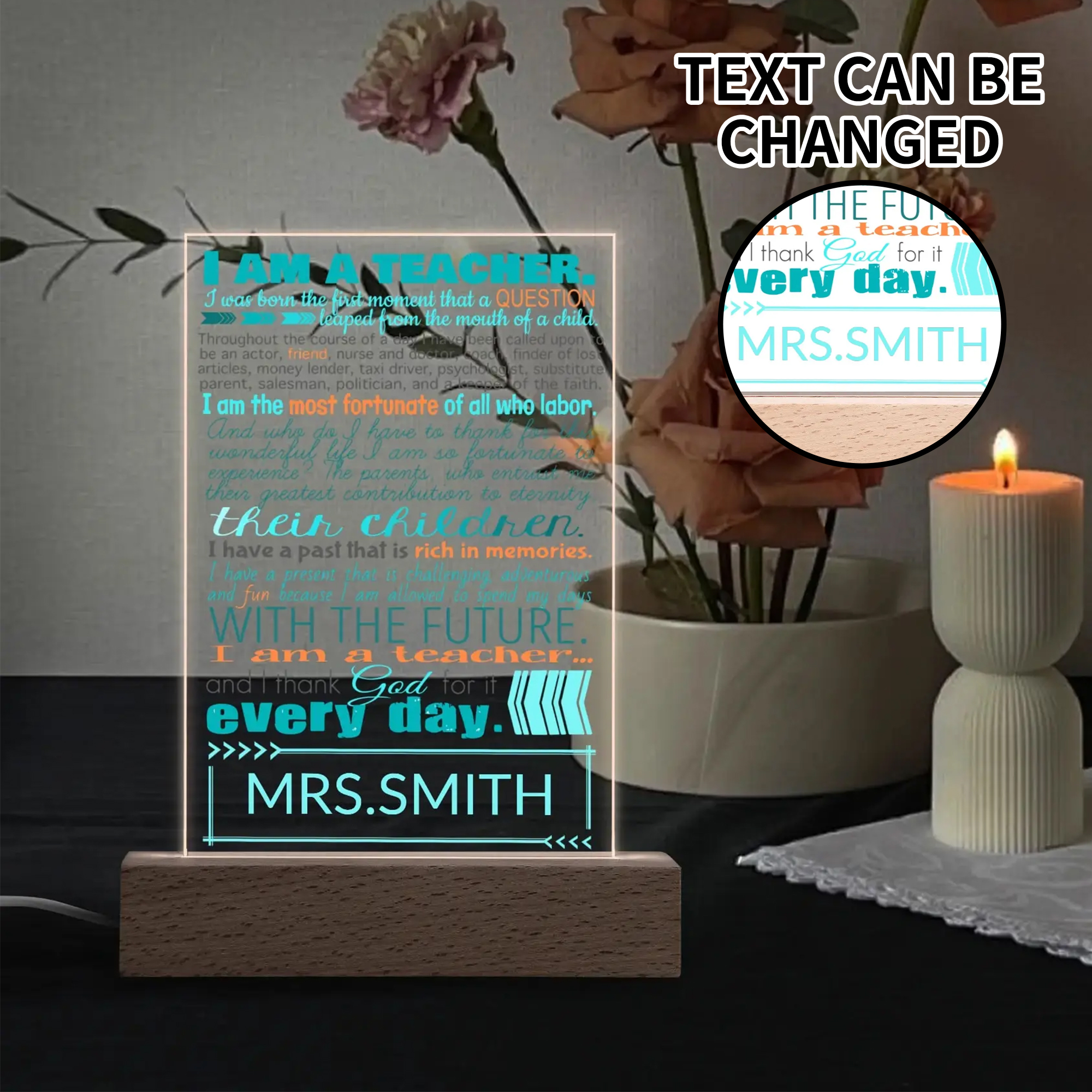 Personalized LED Rectangle Acrylic Night Light and Wooden Base Table Decor