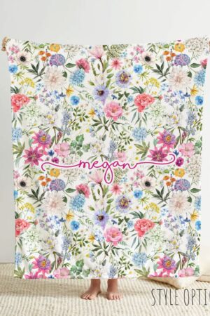 Personalized Watercolor Floral Blanket: Custom Name Minky or Sherpa