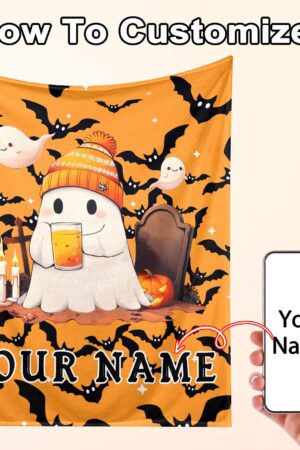 Custom Cute Ghost Halloween Blanket, Personalized Name Spooky Throw Blanket for Women Men, Halloween Boo Gift for Him Her Kids Boys Girls
