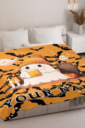 Custom Cute Ghost Halloween Blanket, Personalized Name Spooky Throw Blanket for Women Men, Halloween Boo Gift for Him Her Kids Boys Girls