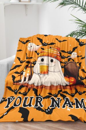 Custom Cute Ghost Halloween Blanket, Personalized Name Spooky Throw Blanket for Women Men, Halloween Boo Gift for Him Her Kids Boys Girls