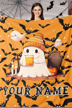 Custom Cute Ghost Halloween Blanket, Personalized Name Spooky Throw Blanket for Women Men, Halloween Boo Gift for Him Her Kids Boys Girls