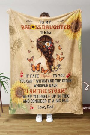 To My Badass Daughter Blanket from Dad Blanket, Sunflower Butterfly Blanket for Daughter, Custom Blanket for Daughter from Dad