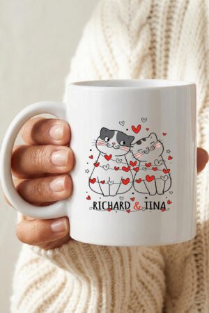 Personalized Cat Couple Mug, Cute Cartoon Cats with Hearts, Custom Names Coffee Cup, Gift for Cat Lovers