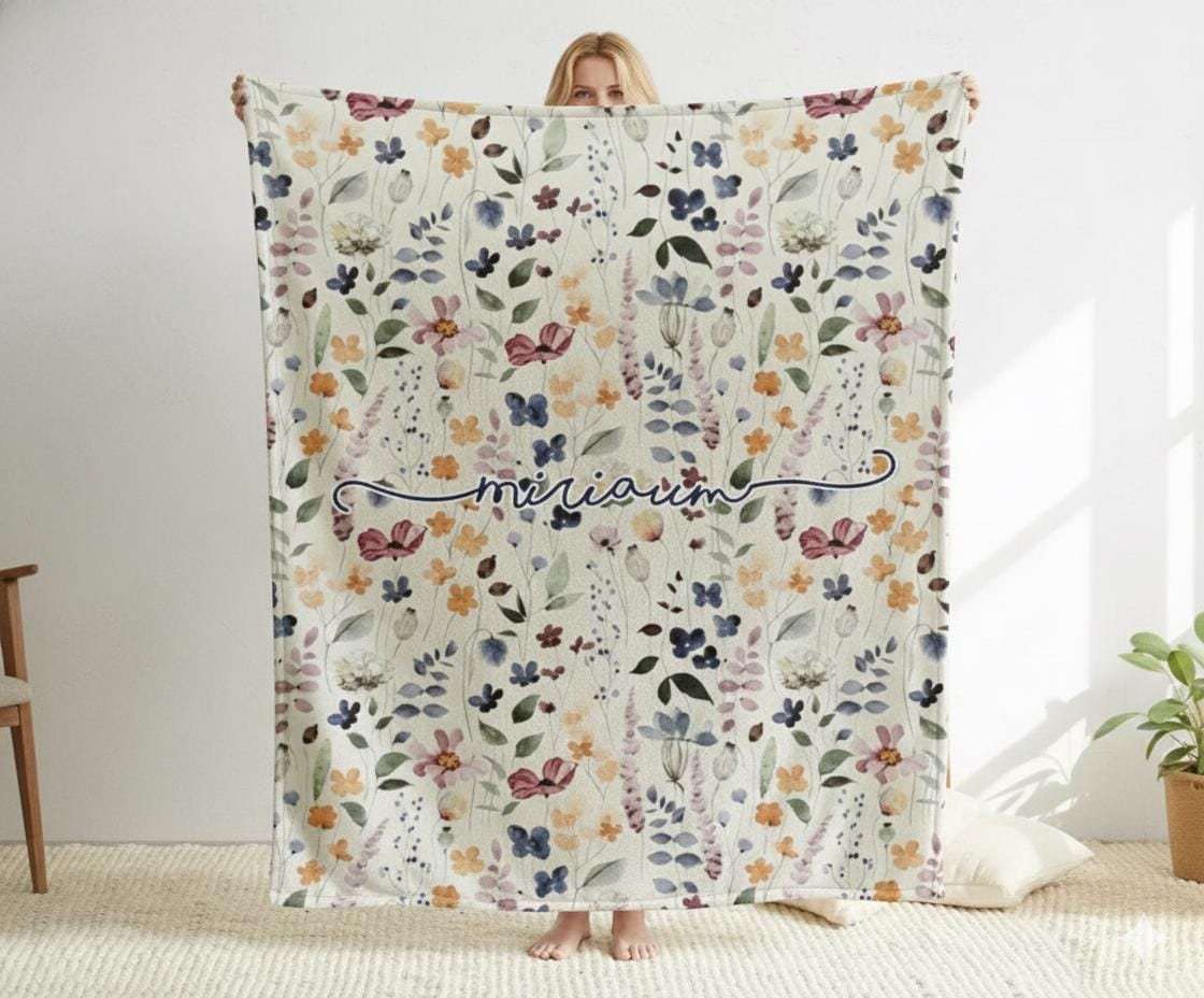 Personalized Watercolor Floral Blanket: Custom Name Minky or Sherpa