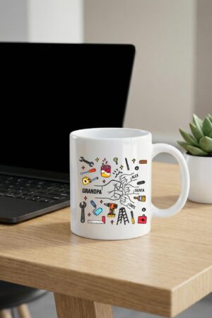 Personalized Grandpa Mug with Kids Names, Handyman Tools Illustration Coffee Cup, Gift for Grandpa