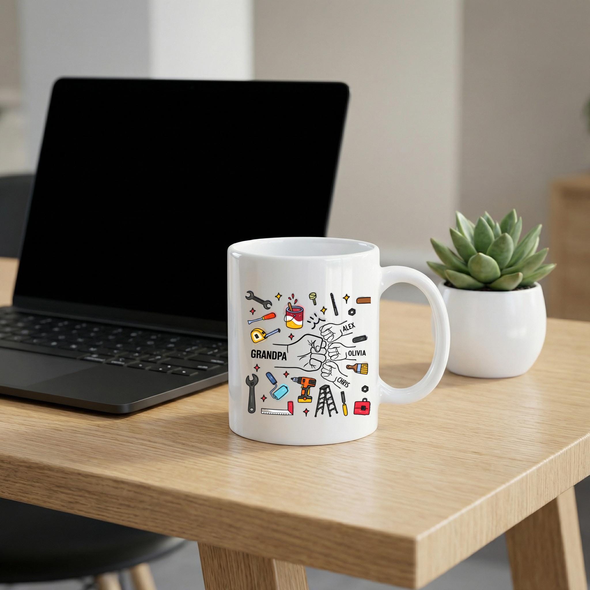 Personalized Grandpa Mug with Kids Names, Handyman Tools Illustration Coffee Cup, Gift for Grandpa - Image 8