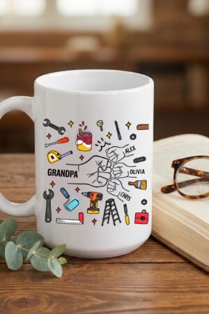 Personalized Grandpa Mug with Kids Names, Handyman Tools Illustration Coffee Cup, Gift for Grandpa