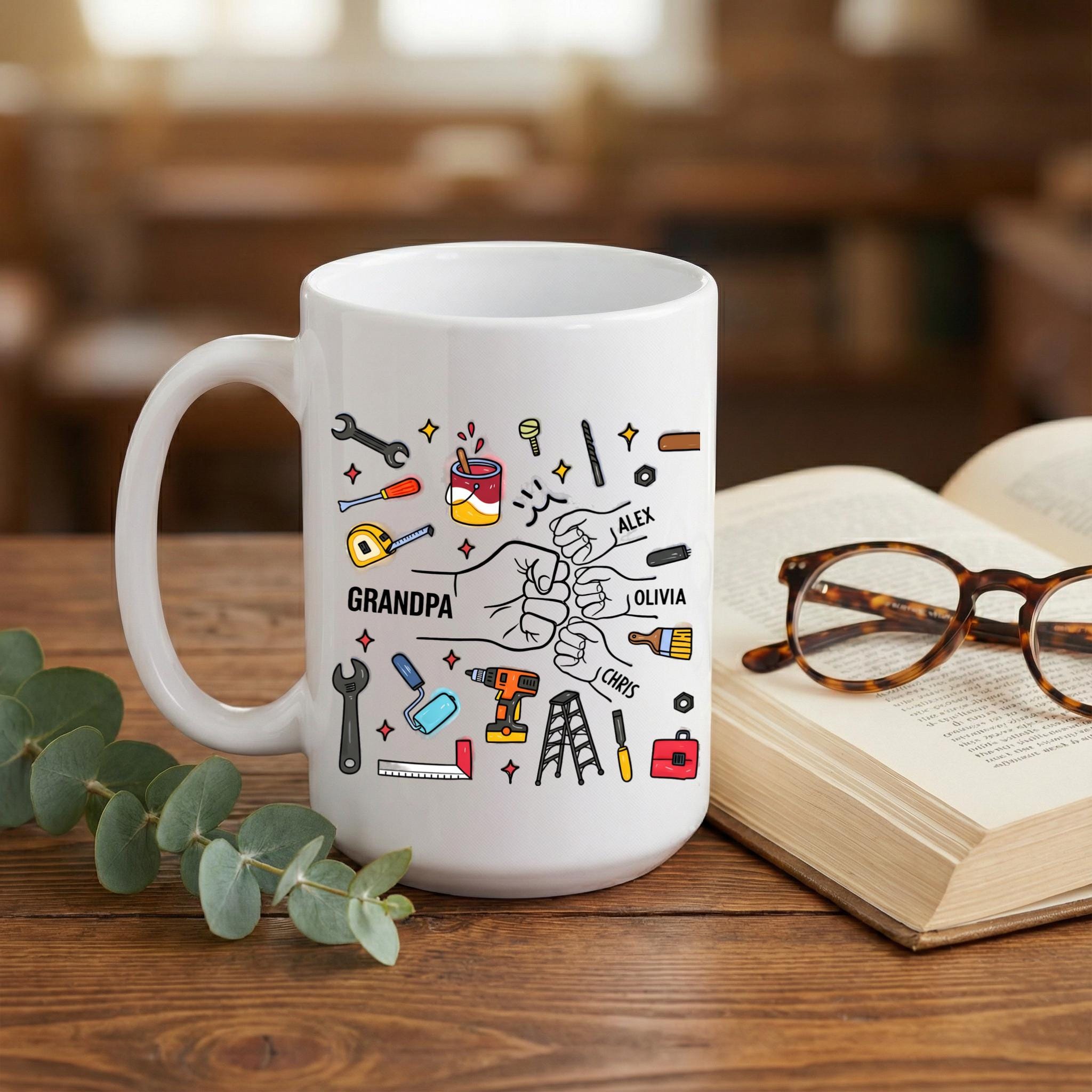 Personalized Grandpa Mug with Kids Names, Handyman Tools Illustration Coffee Cup, Gift for Grandpa - Image 6