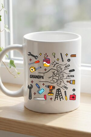 Personalized Grandpa Mug with Kids Names, Handyman Tools Illustration Coffee Cup, Gift for Grandpa