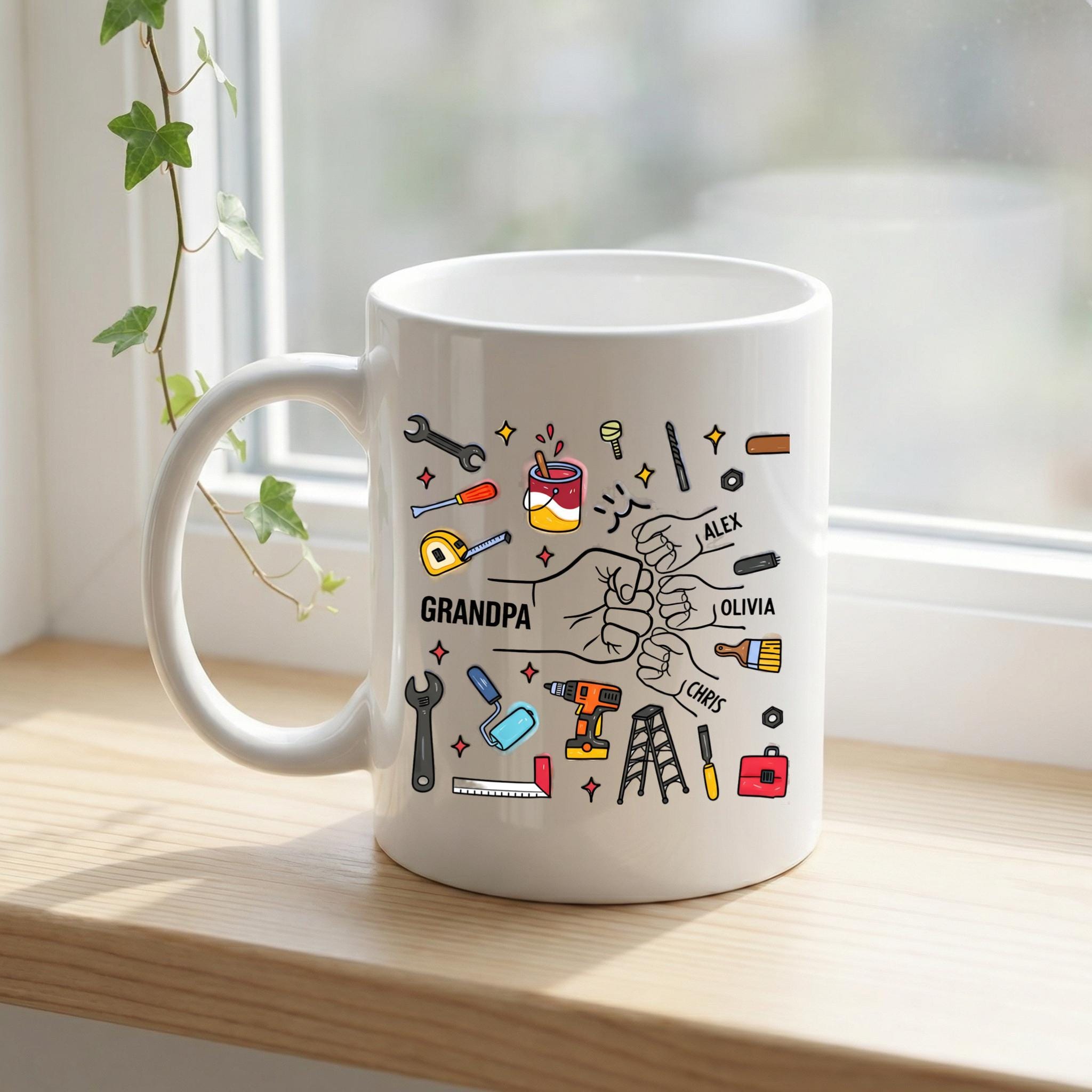 Personalized Grandpa Mug with Kids Names, Handyman Tools Illustration Coffee Cup, Gift for Grandpa - Image 3