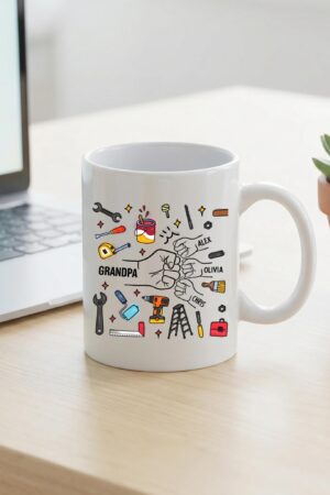 Personalized Grandpa Mug with Kids Names, Handyman Tools Illustration Coffee Cup, Gift for Grandpa