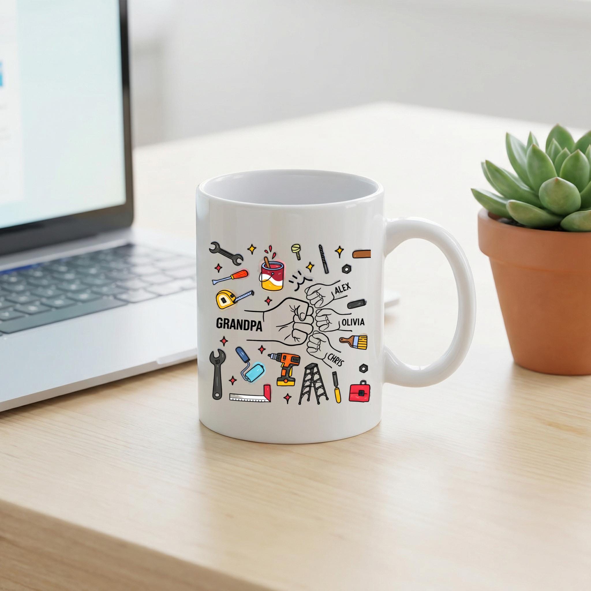 Personalized Grandpa Mug with Kids Names, Handyman Tools Illustration Coffee Cup, Gift for Grandpa - Image 2