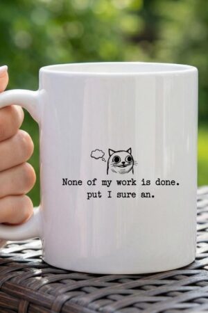 Ceramic mug with cat doodle quote, white coffee cup, funny work desk mug, minimalist line art tea cup, coworker gift, office kitchen mug